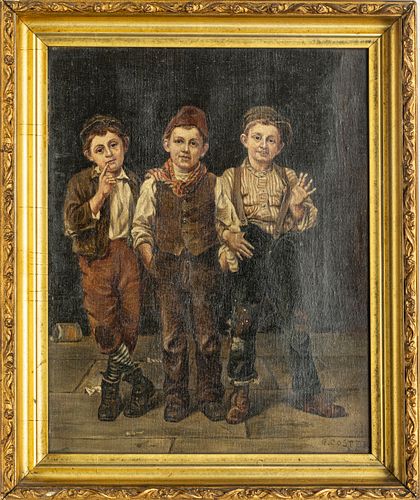 G. COSTER R.A., OIL ON CANVAS, C. 1900, H 14", W 11", THREE BOYS 