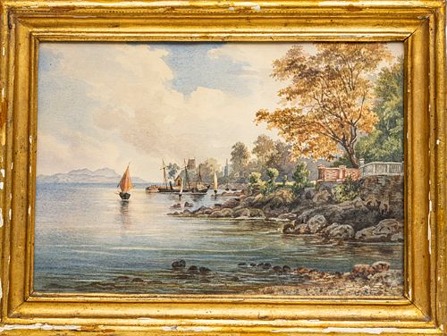 ENGLISH WATERCOLOR C 1870, H 9" W 12.5" WATER AND LANDSCAPE 