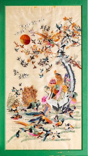 CHINESE SILK EMBROIDERY C. 1900, W 27" L 51" FRAMED 