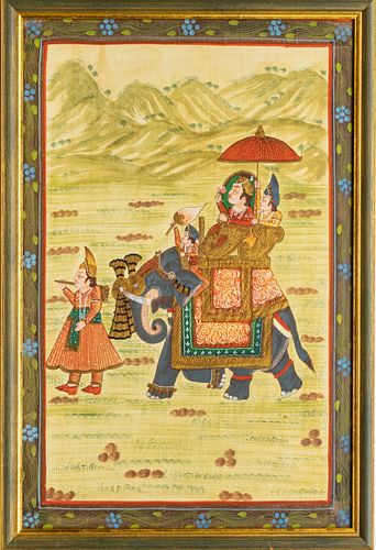 INDIAN PAINTING, H 24", W 15", FIGURES WITH ELEPHANT