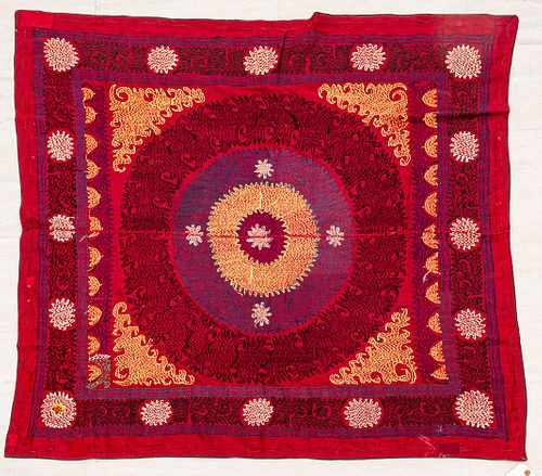 SUZANI EMBROIDERED WOOL TAPESTRY, W 4', L 4' 