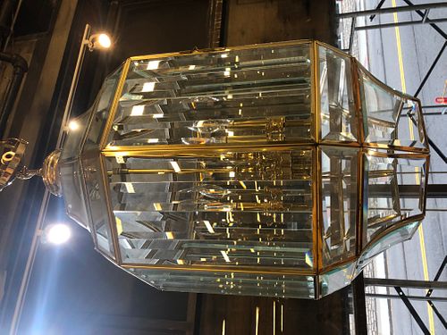 BRASS AND GLASS SIX-LIGHT OCTAGONAL CHANDELIER, H 26", DIA 14" 