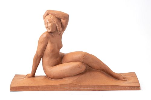 A. FONTANA, FRENCH ART DECO TERRACOTTA SCULPTURE, C. 1940, H 15", L 24", D 8", SEATED NUDE 