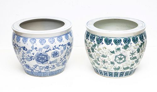 CHINESE BLUE AND WHITE PORCELAIN JARDINERES, TWO H 12" W 14" 
