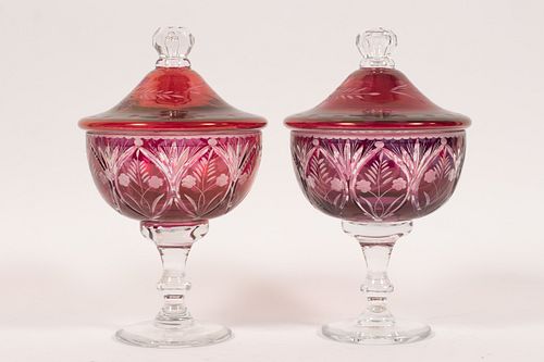 ONLY ONE, RUBY FLASH COVERED GLASS COMPOTE H 9" 