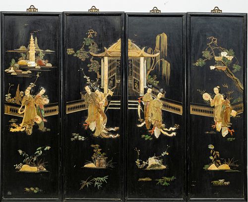 CHINESE INLAID SOAPSTONE ON BLACK LACQUER PANELS, 4 PCS, H 36", W 12"