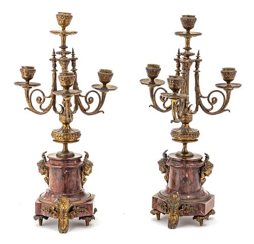 FRENCH BRONZE AND MARBLE CANDELABRA, 19TH.C. PAIR H 18" 