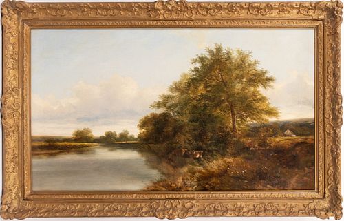 ADAM BARLAND (BRITISH, 1843-1875) OIL ON CANVAS, 1859, H 24", W 42", PASTORAL LANDSCAPE 