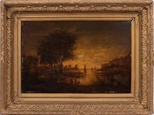 DUTCH OIL ON CRADLED WOOD PANEL, 19TH C, H 19.25", W 29.5", RIVER LANDSCAPE WITH WINDMILL 