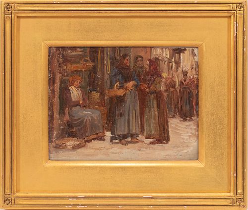 ANNA MARY RICHARDS BREWSTER (AMERICAN, 1870-1952) OIL ON CANVAS, H 5.5", W 7.5", MARKET SCENE 