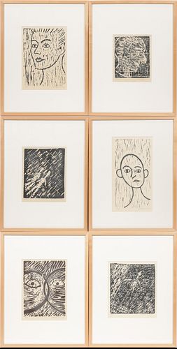 LESTER JOHNSON (AMERICAN, 1919–2010) WOODCUTS ON PAPER, 1953-85, GROUP OF SIX, H 20.825" W 17.313" MAN IN WOODCUT PORTFOLIO 