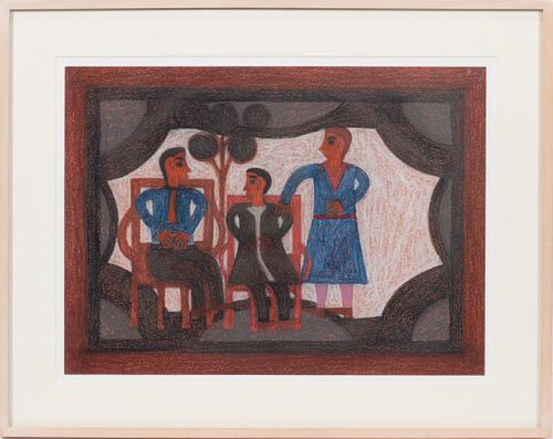 EDDIE ARNING (AMERICAN, 1898–1993), FOLK ART, CRAYON ON PAPER, CIRCA 1966, H 16" W 22" FAMILY GROUP