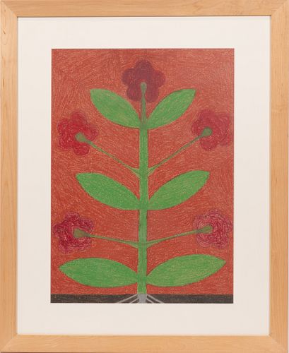 EDDIE ARNING (AMERICAN, 1898-1993), FOLK ART, CRAYON ON PAPER, H 24" W 17" RED FLOWERS 