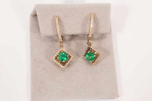 FRENCH .96CTTW HIGH QUALITY EMERALDS  & .36CTTW DIAMONDS, 14K YELLOW GOLD EARRINGS 