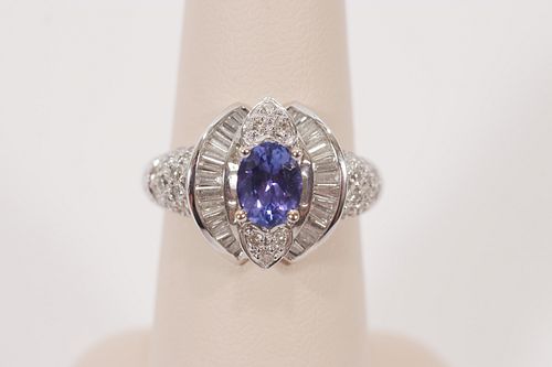 .96CT OVAL TANZANITE  RING 1.08CTTW ACCENT DIAMONDS 14K WHITE GOLD 