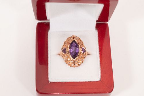 MARQUIS CUT AMETHYST AND DIAMONDS RING, 14K ROSE GOLD 
