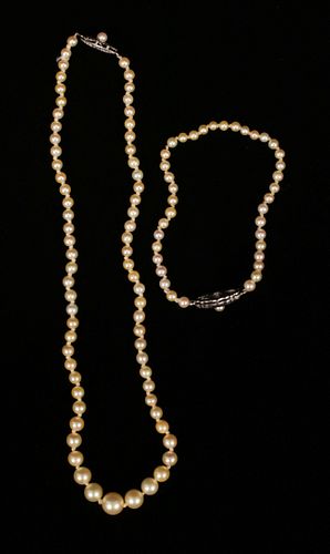 MIKIMOTO PEARL NECKLACE AND BRACELET L 14"; 6" 