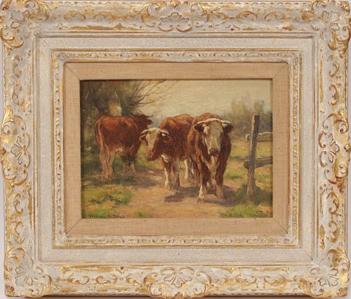 WILLIAM HENRY HOWE (AMERICAN, 1846-1929) OIL ON PANEL, H 9.75", W 12", COWS IN PASTURE 