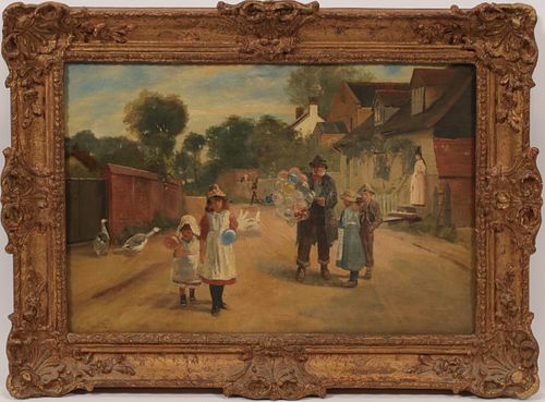 ENGLISH  OIL ON CANVAS SIGNED "C SMITH" 19TH C.  H 13" W 20 1/2" A VILLAGE FAIR 