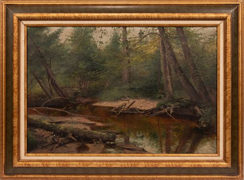 GEORGE ALBERT FROST (AMERICAN, 1843-1907) OIL ON CANVAS, H 20", W 30", WOODLAND SCENE 