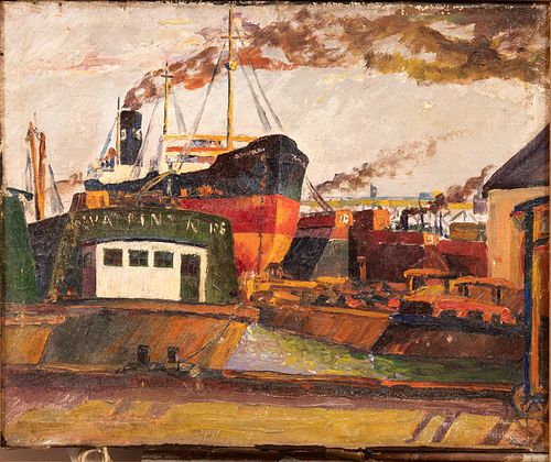 OIL ON CANVAS CIRCA 1900 H 15" W 19" FREIGHTER IN LOCKS 