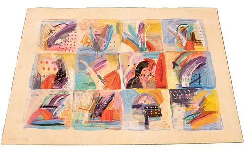CALMAN SHEMI (MENDOZA ARGENTINIAN, B. 1939) SOFT PAINTING ON WOVEN TAPESTRY W 58" L 81" "SEQUENCE" 