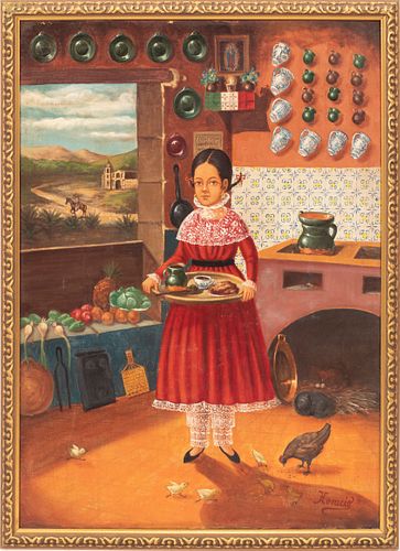 HORACIO RENTERIA ROCHA, MEXICO. 1912 - 72. OIL ON CANVAS, C 1970, H 23" W 18" GIRL WITH CHICKENS 