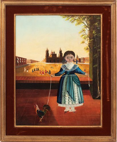  AGAPITO LABIOS, MEXICO 1898-96. OIL ON CANVAS, C 1960, H 23" W 18" GIRL WITH ROOSTER ON LEASH 