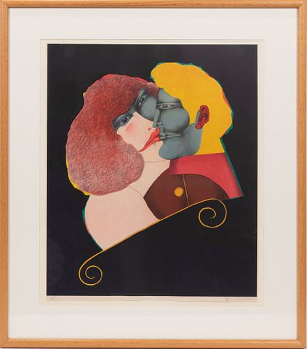 RICHARD LINDER (AMERICAN/GERMAN, 1901–1978) LITHOGRAPH IN COLORS ON WOVE PAPER, H 24" W 19.5" THE KISS, FROM NY-FUN CITY 