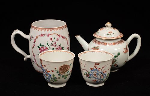 CHINESE EXPORT TEAPOT, MUG, TWO CUPS 18TH C. 4 PCS 
