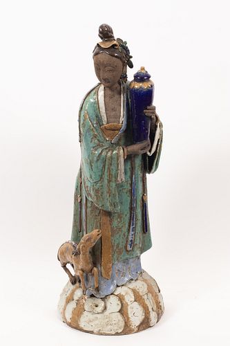 CHINESE POTTERY, QUAN YIN WITH FAWN, 19TH.C. H 32.5" W 13" 