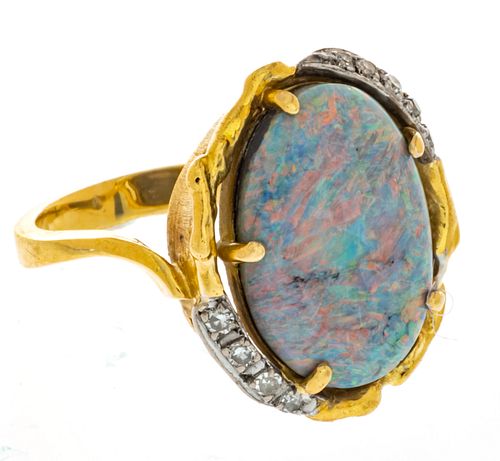 LADIES BLACK OPAL AND DIAMOND RING, 18 KT YELLOW GOLD, SIZE: 5 