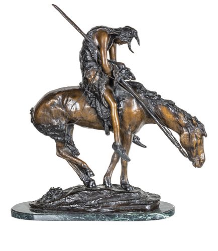 AFTER JAMES EARLE FRASER (AMERICAN, 1876-1953) BRONZE SCULPTURE, H 31", L 27", END OF THE TRAIL 
