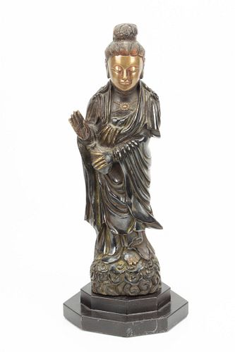 CHINESE COLD PAINTED BRONZE SCULPTURE, H 13", W 3.5", STANDING BUDDHA 