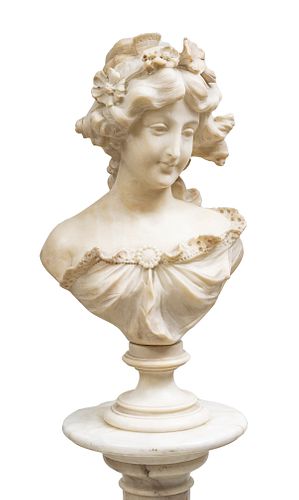 ADOLFO CIPRIANI (ITALY, 1857-1941) ALABASTER BUST, H 15.5", W 11" (BUST) + MARBLE PEDESTAL, H 38" 