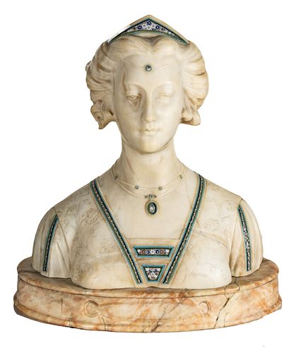 ITALIAN CARVED MARBLE & MICROMOSAIC BUST, 19TH C, H 22", W 21", RENAISSANCE BEAUTY 