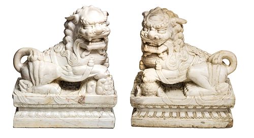 CHINESE CARVED MARBLE IMPERIAL LIONS, PAIR, H 24", L 21.5" 
