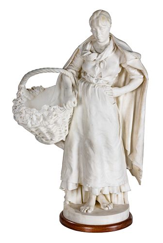 ITALIAN CARVED CARRARA MARBLE SCULPTURE, 1885, H 30.5", W 20", WOMAN WITH FLOWER BASKET 