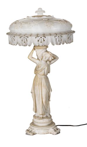 ITALIAN MARBLE AND ALABASTER FIGURAL LAMP, C 1910 H 30", DIA 16" 