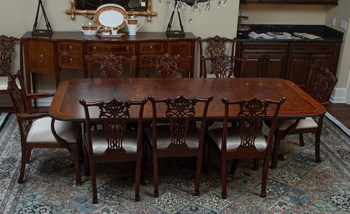GEORGIAN STYLE MAHOGANY DINING TABLE + 12 MAITLAND-SMITH CHAIRS, W 22", L 76" (TABLE) 