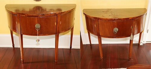PAIR OF ENGLISH MAHOGANY AND ROSEWOOD DEMI LUNE TABLES, 19TH C., H 35.5", L 48", D 24" EACH 