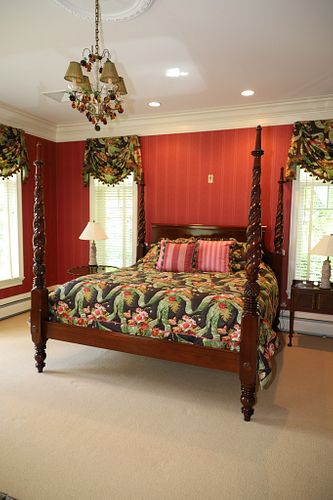 CARVED MAHOGANY FOUR POSTER KING SIZE BED, H 88", W 86", L 90"