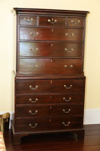 ENGLISH MAHOGANY CHEST ON CHEST, C 1800, H 75", W 42", D 22"