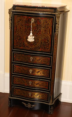 FRENCH BOULLE MARBLE TOP DROP FRONT SECRETARY, 19TH C. , H 48.75", L 26", D 13.25" 