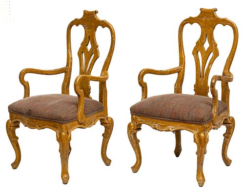 GEORGE II STYLE CARVED PINE OPEN ARMCHAIRS, SET OF FOUR, H 44" L 24" D 23" 