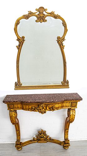 CARVED GILT WOOD, MARBLE TOP CONSOLE TABLE AND MIRROR, H 81", L 36", D 8"
