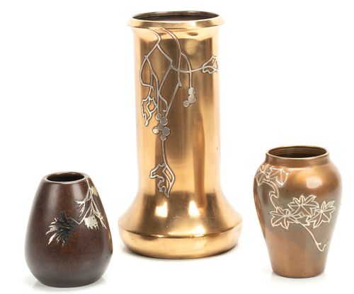 HEINTZ STERLING ON BRONZE VASES, EARLY 20TH C., THREE PIECES, H 3.5", 4" AND 8.25" 