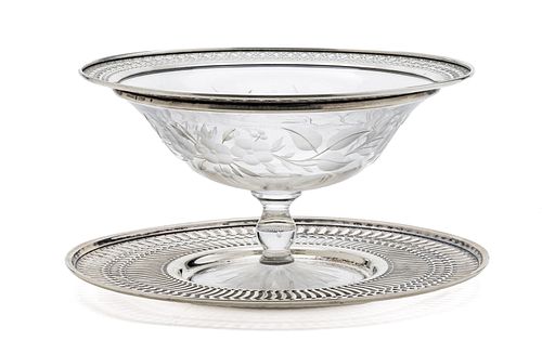 STERLING SILVER 10" TRAY & CRYSTAL COMPOTE, STERLING RIM DIA 9"10", T.W. 7.81 TOZ 