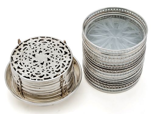 STERLING SILVER AND CRYSTAL COASTERS, SET OF 11 & SET OF 14 