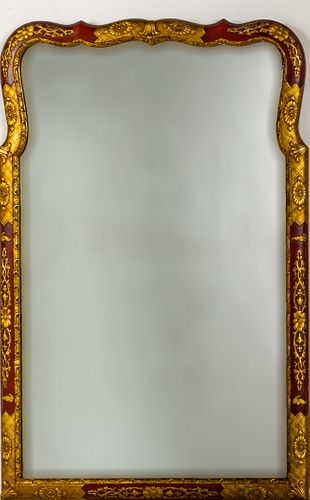 CHINOISERIE DESIGN RED LACQUERED AND GILT FLORAL MIRROR H 37" W 25" 